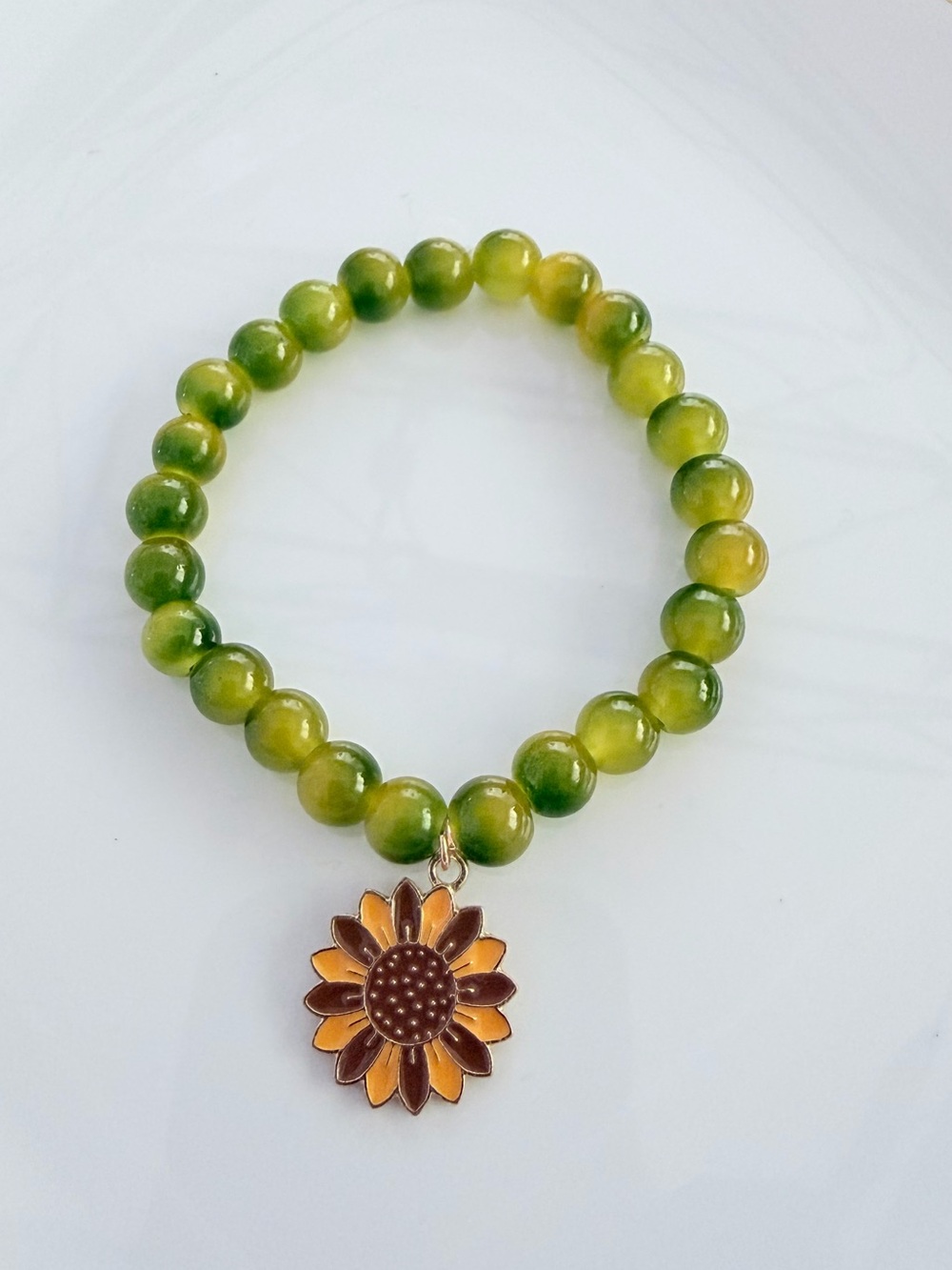 Green Beaded Sunflower Charm Bracelet Handmade Floral Jewelry